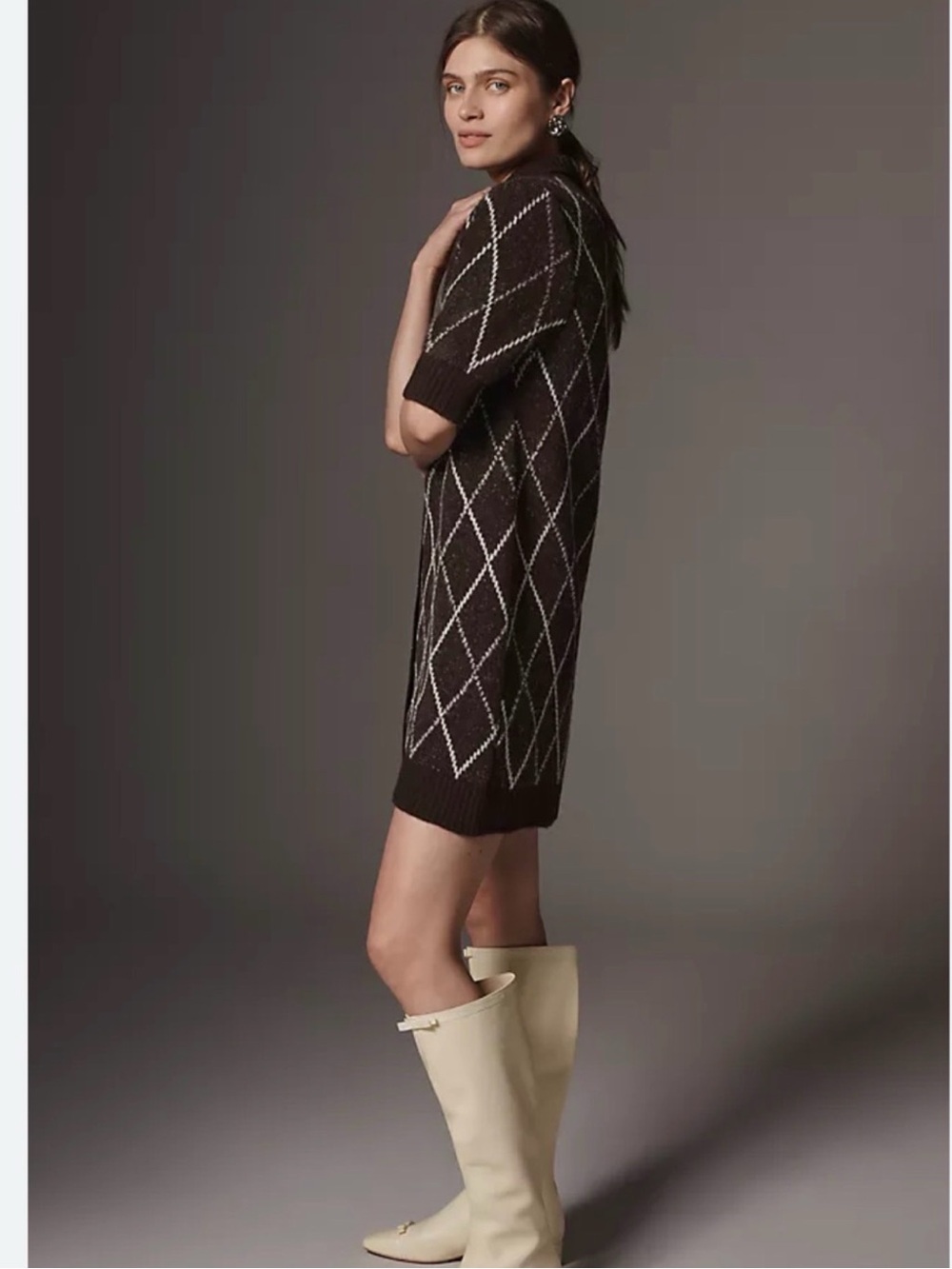 Nwt Diamond-Pattern Knit Short Sleeve Dress in Dark Brown